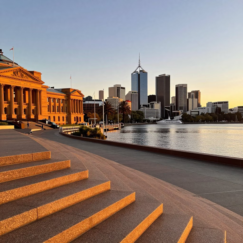 Sunset view of Adelaide city skyline and river from North Terrace with urban architecture in in Adelaide, South Australia, Australia