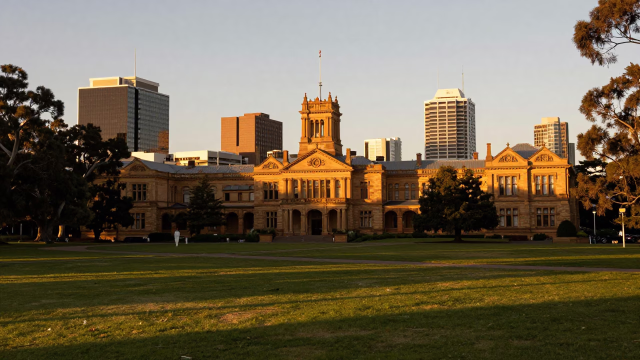 Sunset view of Adelaide Parklands and historic architecture in South Australia in in Adelaide, South Australia, Australia