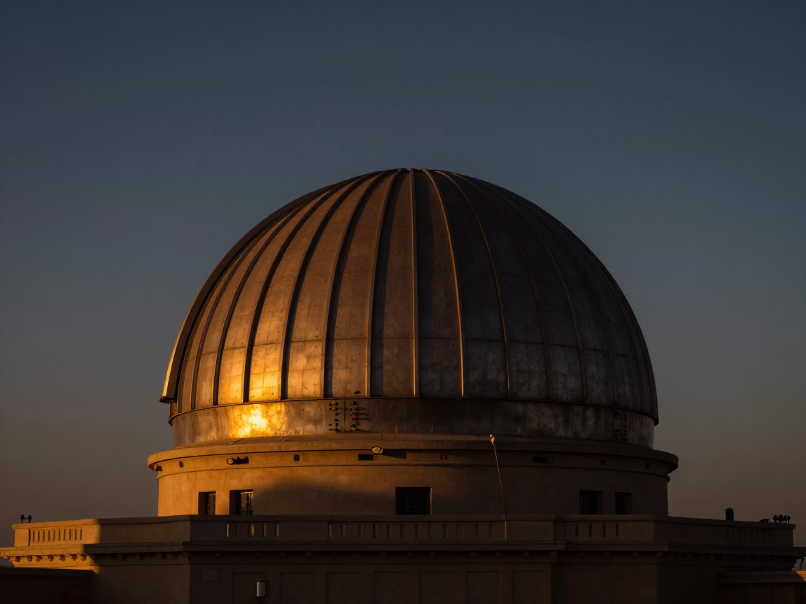 Sunset View of Alexandria Montaza Palace Observatory Dome Silhouette Against Violet Sky in in Alexandria, Egypt