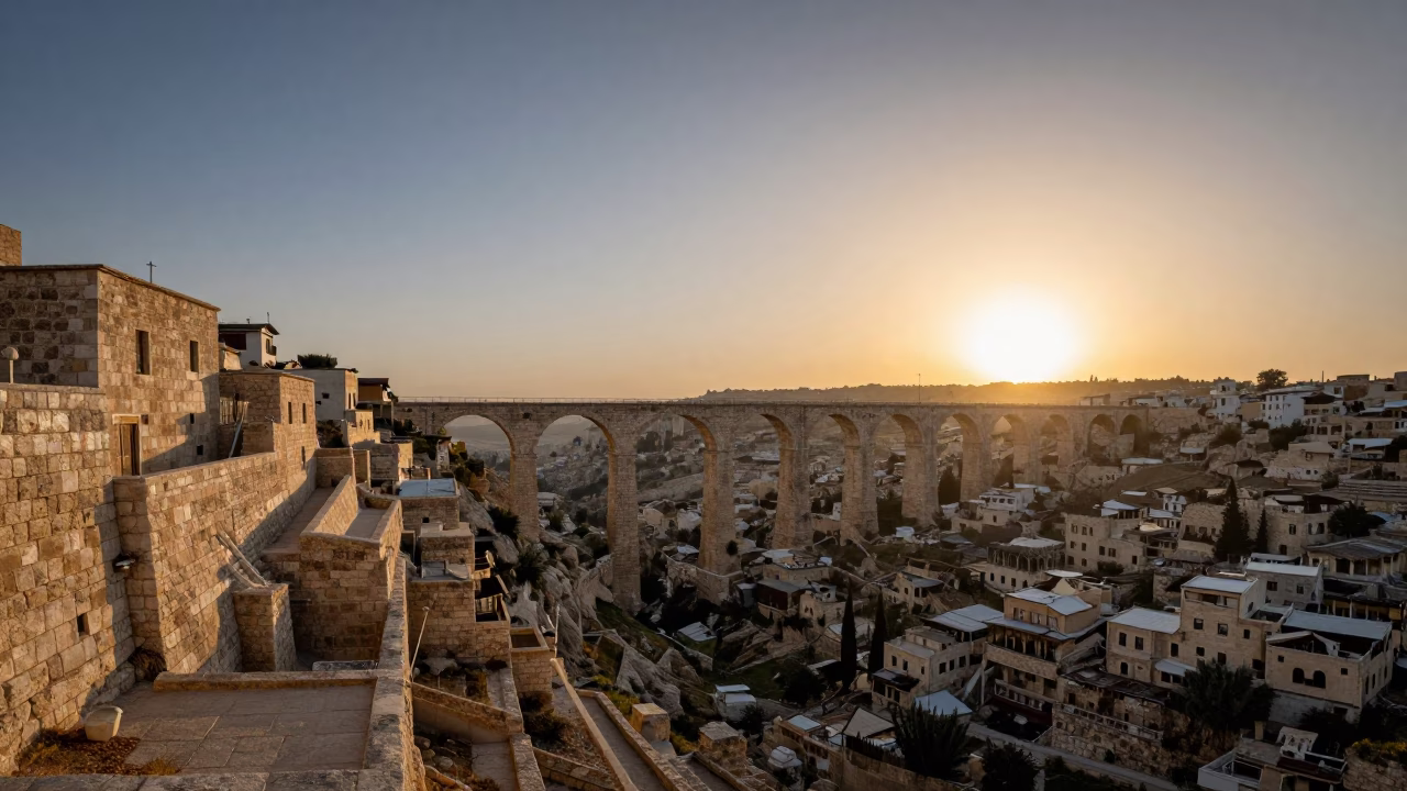 Sunset View of Amman Railway Viaduct Arches Over Valley in Jordan in in Amman, Jordan
