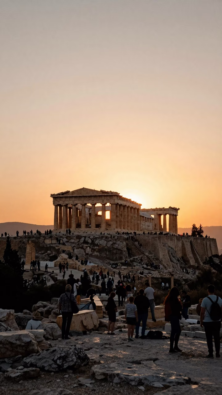 Sunset View of Ancient Acropolis Ruins with Tourists and Modern Athens Cityscape in in Athens, Greece