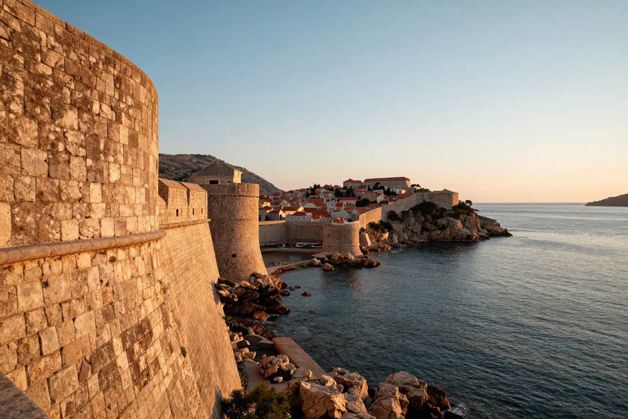 Sunset View of Ancient Stone Walls and Adriatic Sea in Dubrovnik Croatia in in Dubrovnik, Croatia
