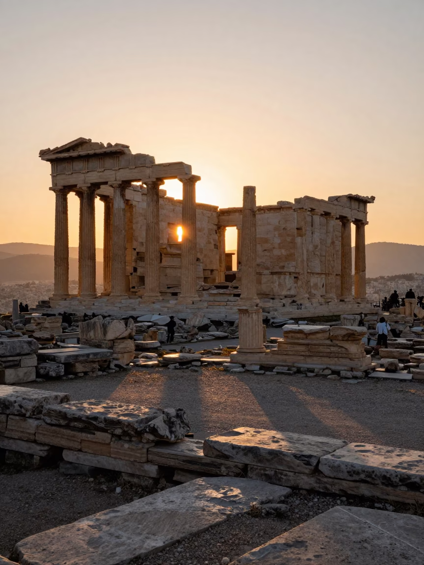 Sunset View of Athens Ancient Ruins with Traditional Greek Cafe Table and Local Interaction in in Athens, Greece