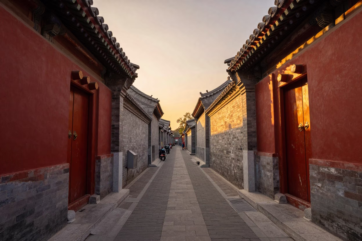 Sunset view of Beijing hutong alleyway with traditional architecture and bicycle in in Beijing, China