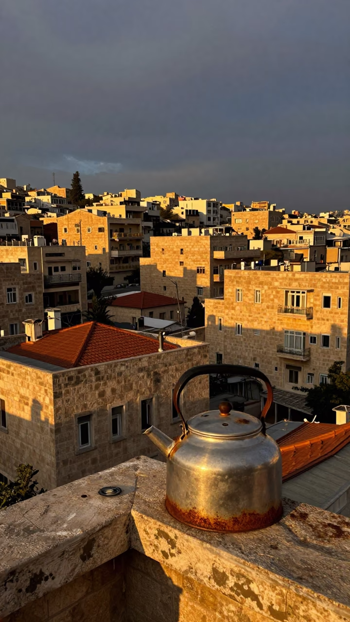 Sunset View of Beirut Rooftops with Rusty Kettle Lid and Linen Curtains in in Beirut, Lebanon