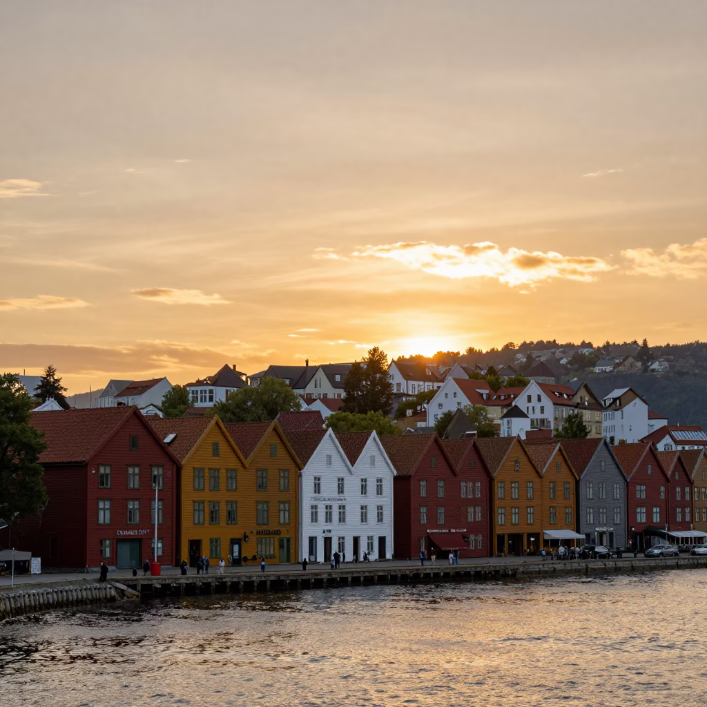 Sunset View of Bergen Norway Bryggen Wharf and Colorful Wooden Houses in in Bergen, Norway