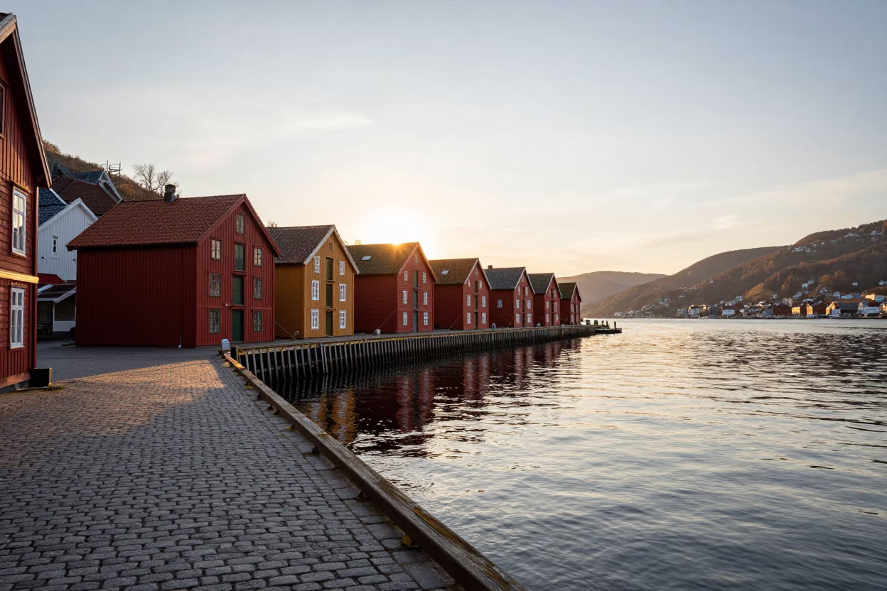 Sunset View of Bergen Norway Harbor Waterfront and Traditional Wharf Buildings in in Bergen, Norway
