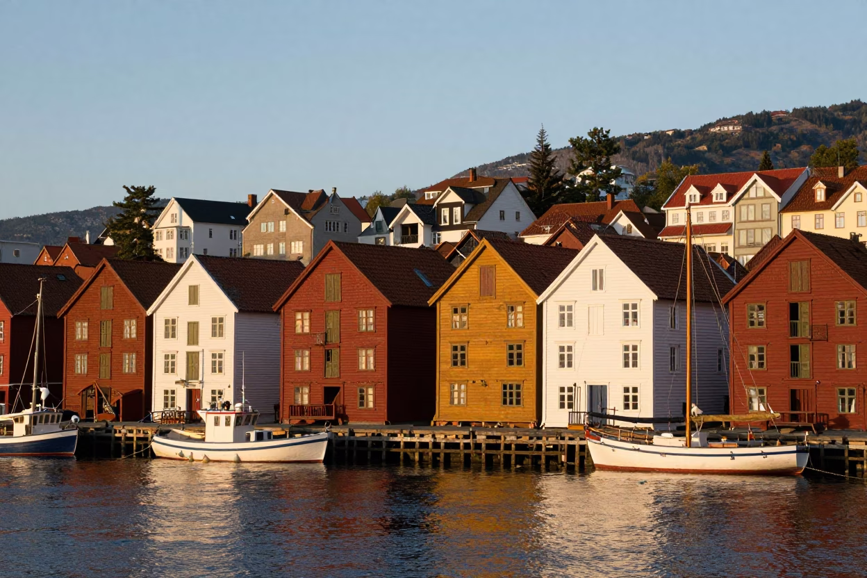 Sunset View of Bergen Norway Wooden Wharf Houses and Harbor Boats in in Bergen, Norway