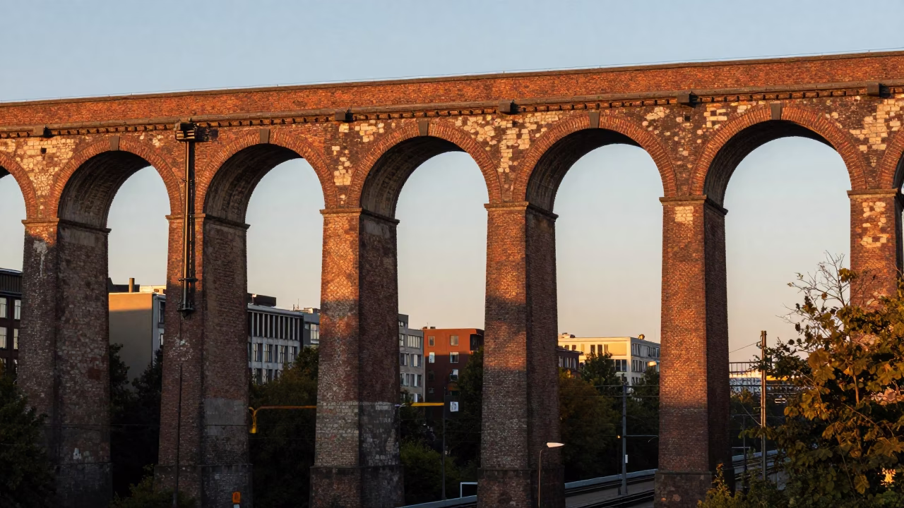 Sunset View of Berlin Railway Viaduct Arches Spanning Urban Valley in in Berlin, Germany