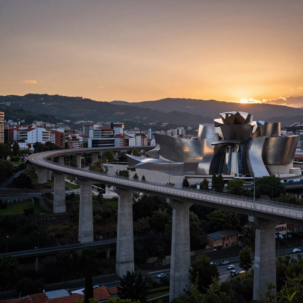 Sunset View of Bilbao Concrete Viaduct Over Valley Floor in Spain in in Bilbao, Spain