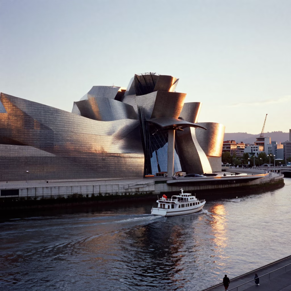 Sunset view of Bilbao Guggenheim Museum and Nervion River with urban architecture in in Bilbao, Spain