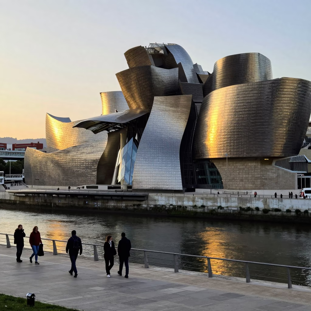 Sunset View of Bilbao's Guggenheim Museum and Nervion River Promenade in in Bilbao, Spain