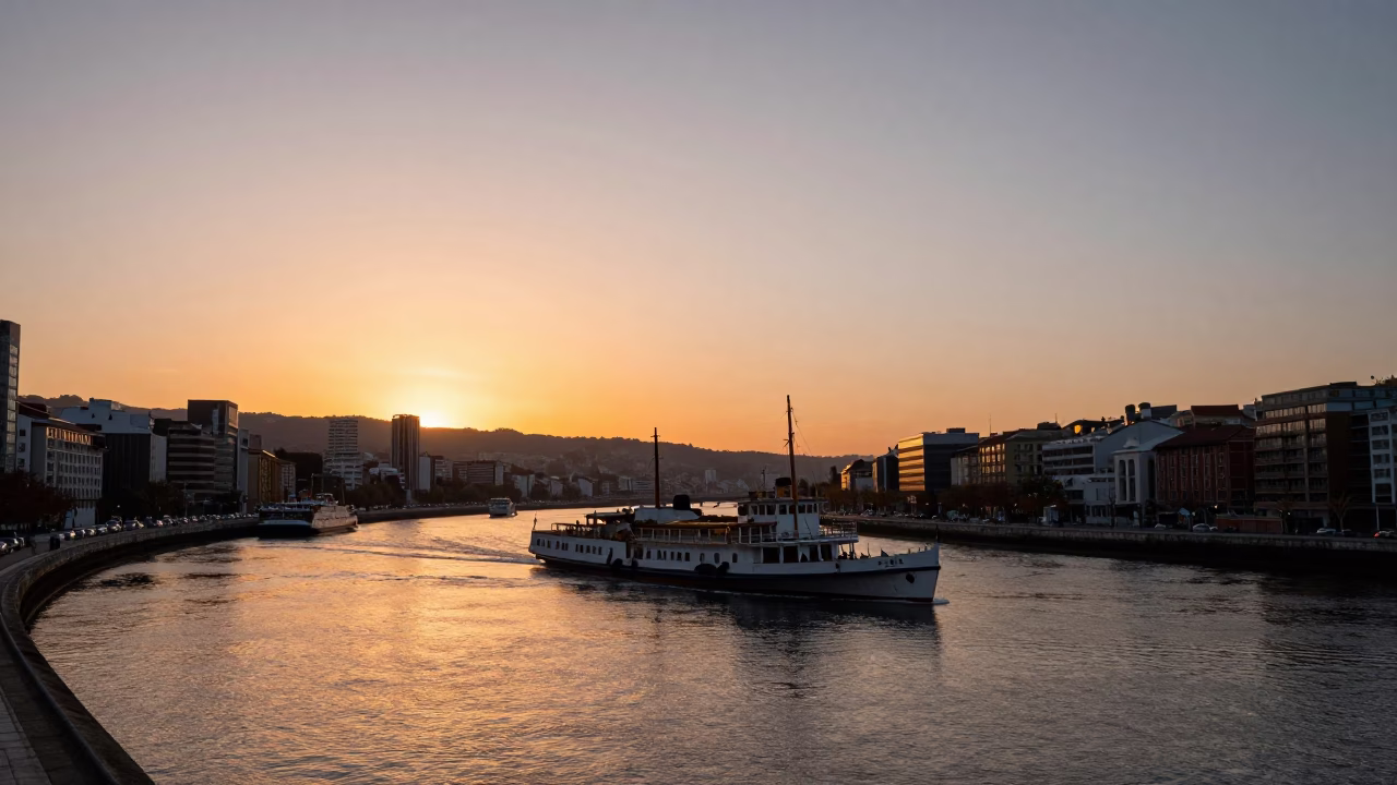 Sunset View of Bilbao's Nervion River with Steamboat and City Skyline in in Bilbao, Spain