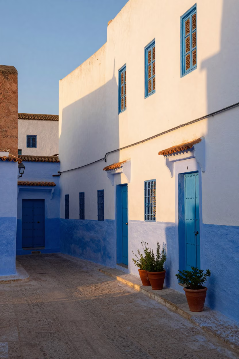 Sunset view of blue painted walls and terracotta pots in Essaouira Morocco in in Essaouira, Morocco