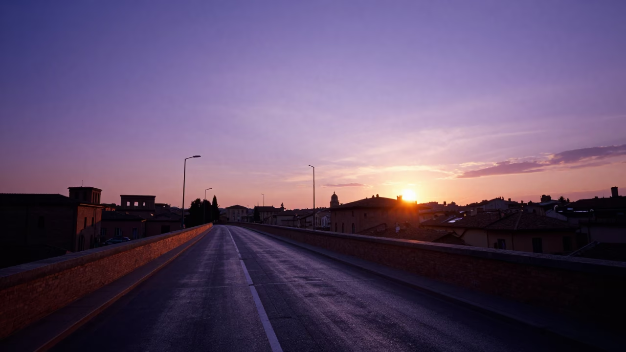 Sunset view of Bologna Italy overpass ramp and violet sky with local street scene in in Bologna, Italy