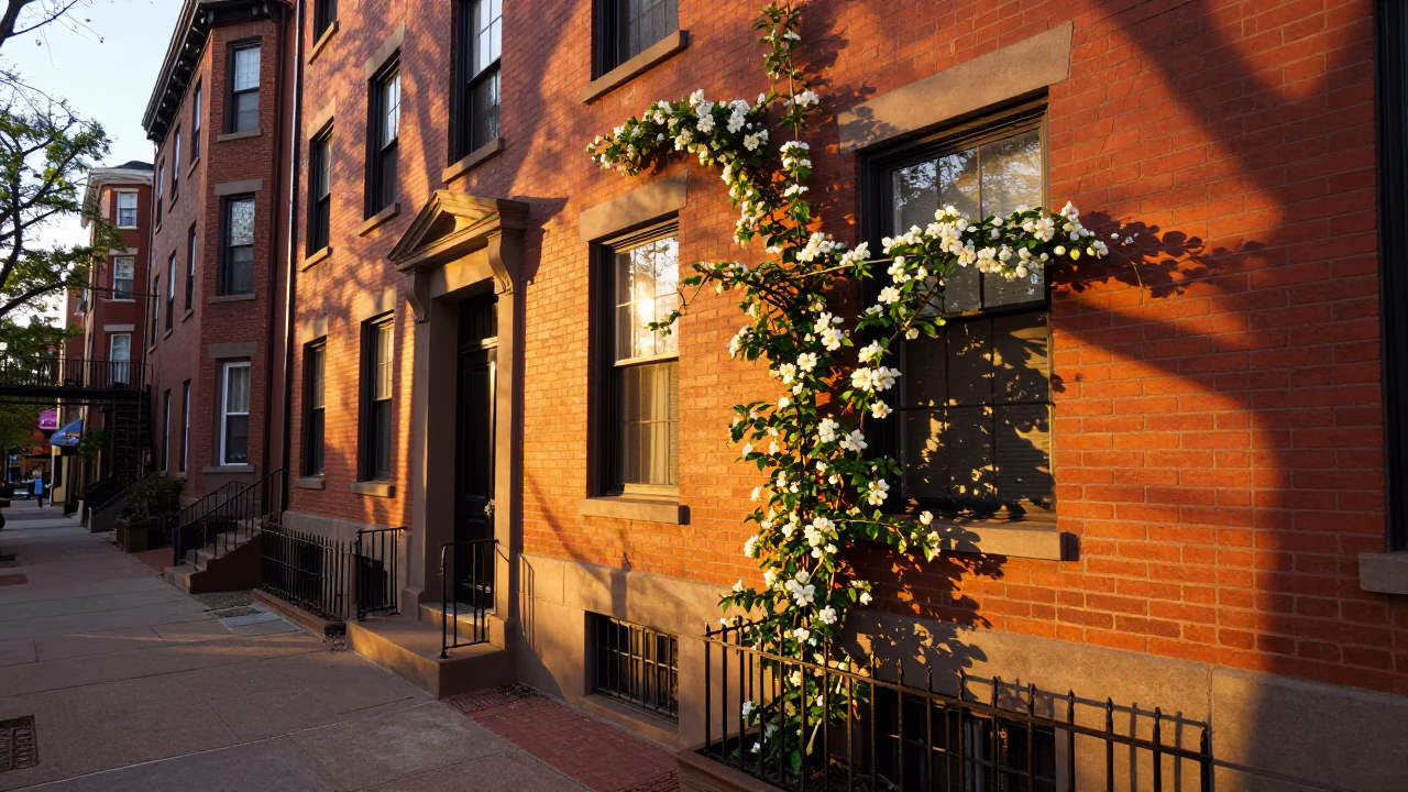Sunset View of Boston Back Bay Brownstone Facade with Climbing Jasmine and City Skyline in in Boston, Massachusetts, United States