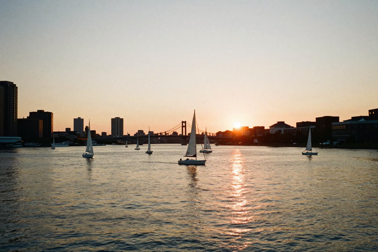 Sunset View of Boston Harbor with Sailboats and Urban Skyline at Dusk in in Boston, Massachusetts, United States