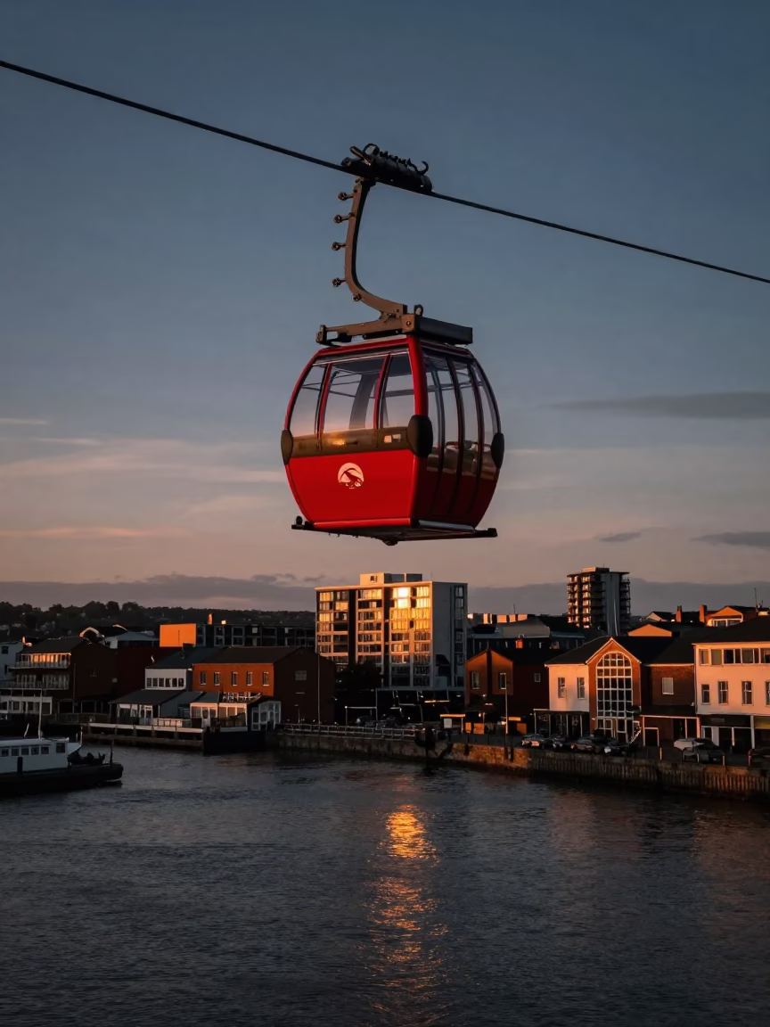 Sunset View of Bristol Cable Car Over Harbourside District with Urban Skyline Details in in Bristol, United Kingdom