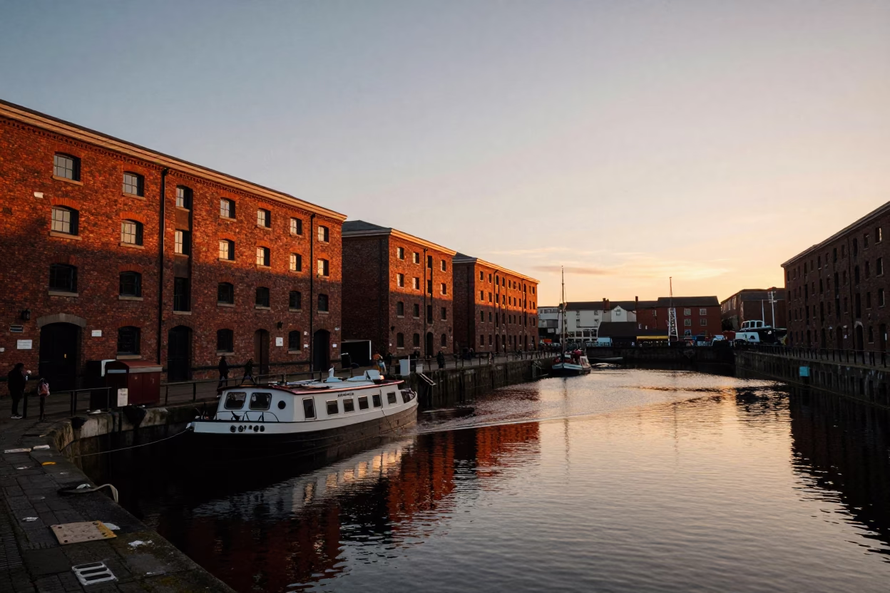 Sunset view of Bristol harbour with historic warehouses and docked boats in in Bristol, United Kingdom