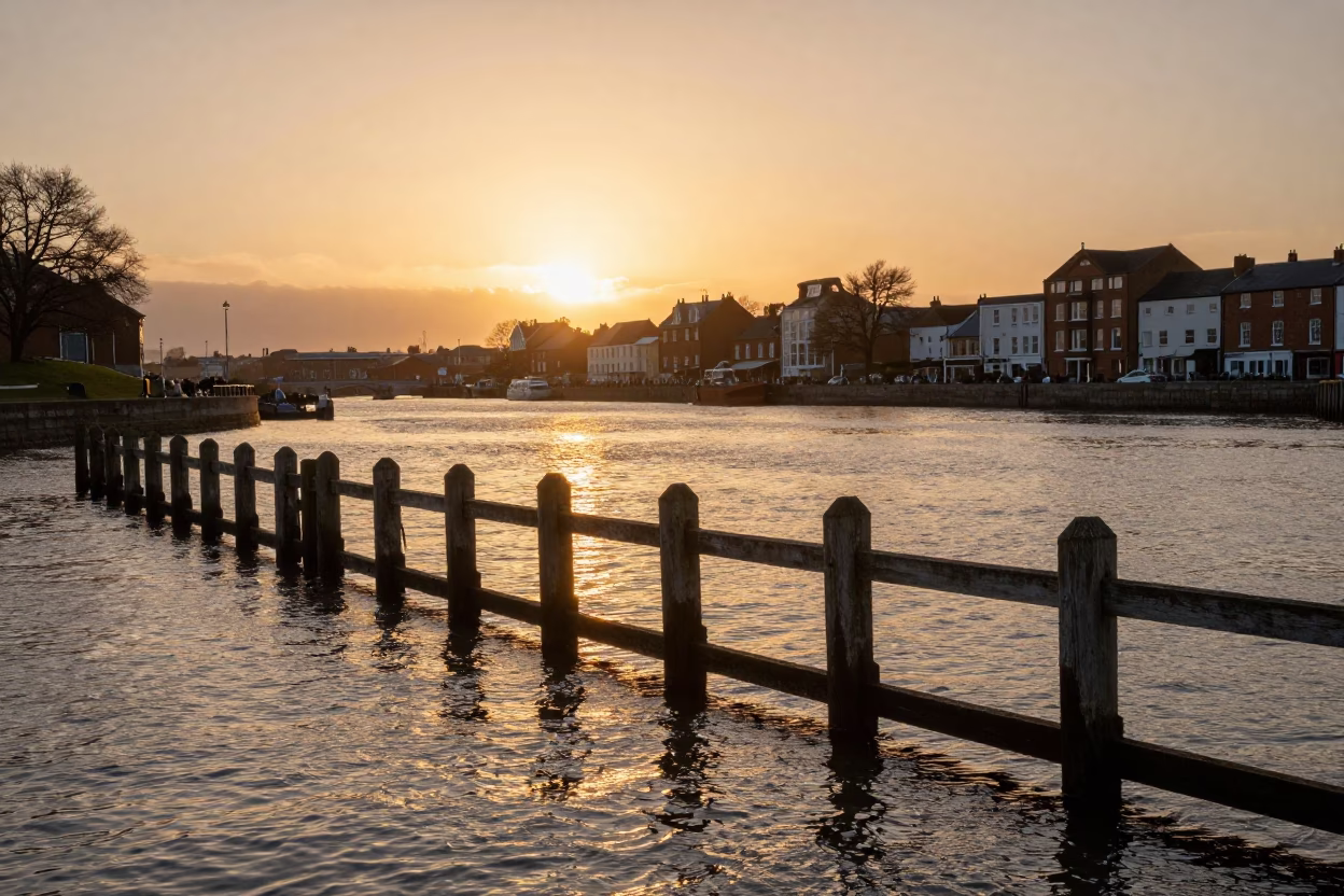 Sunset View of Bristol Harbourside with Traditional Peg Rail and Urban Waterfront Atmosphere in in Bristol, United Kingdom