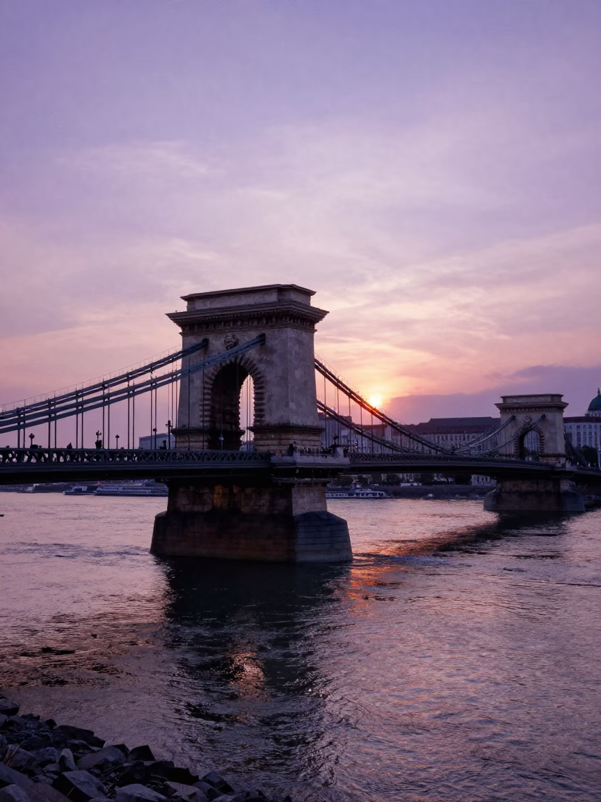 Sunset View of Budapest Chain Bridge and Danube River from Buda Hill in in Budapest, Hungary