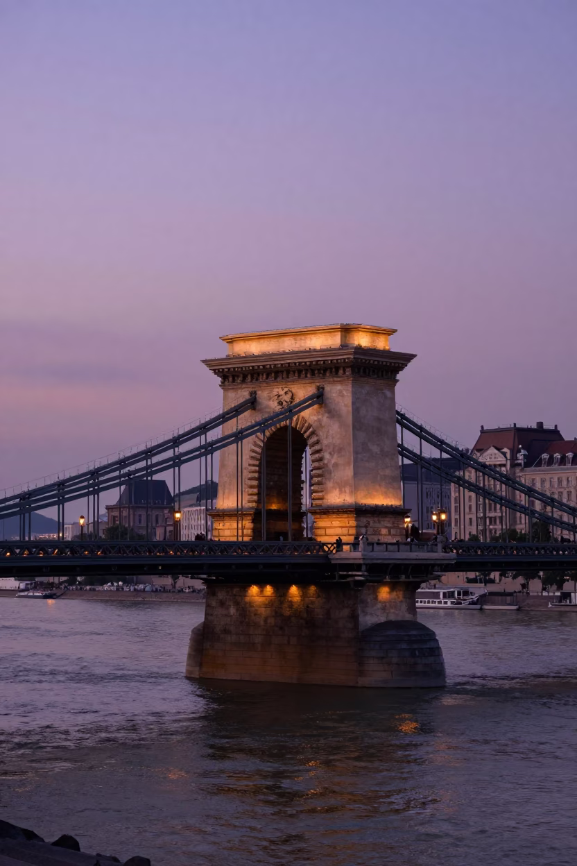 Sunset View of Budapest Chain Bridge and Danube River with City Skyline in in Budapest, Hungary