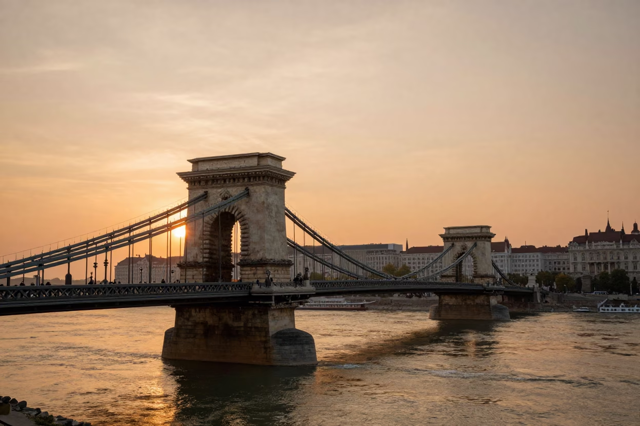 Sunset View of Budapest Chain Bridge and Danube River with Gondola Lift in in Budapest, Hungary
