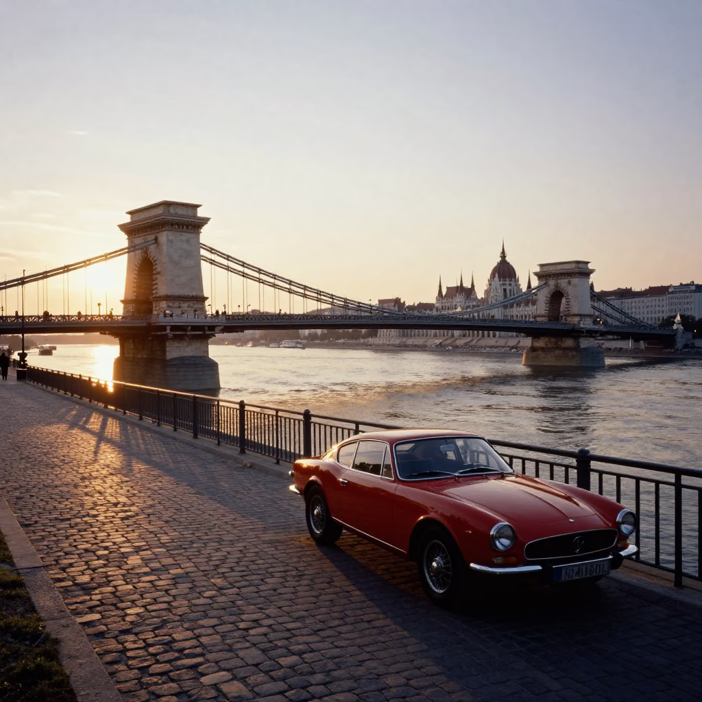 Sunset view of Budapest Danube riverbank and Chain Bridge with vintage red sports car in in Budapest, Hungary