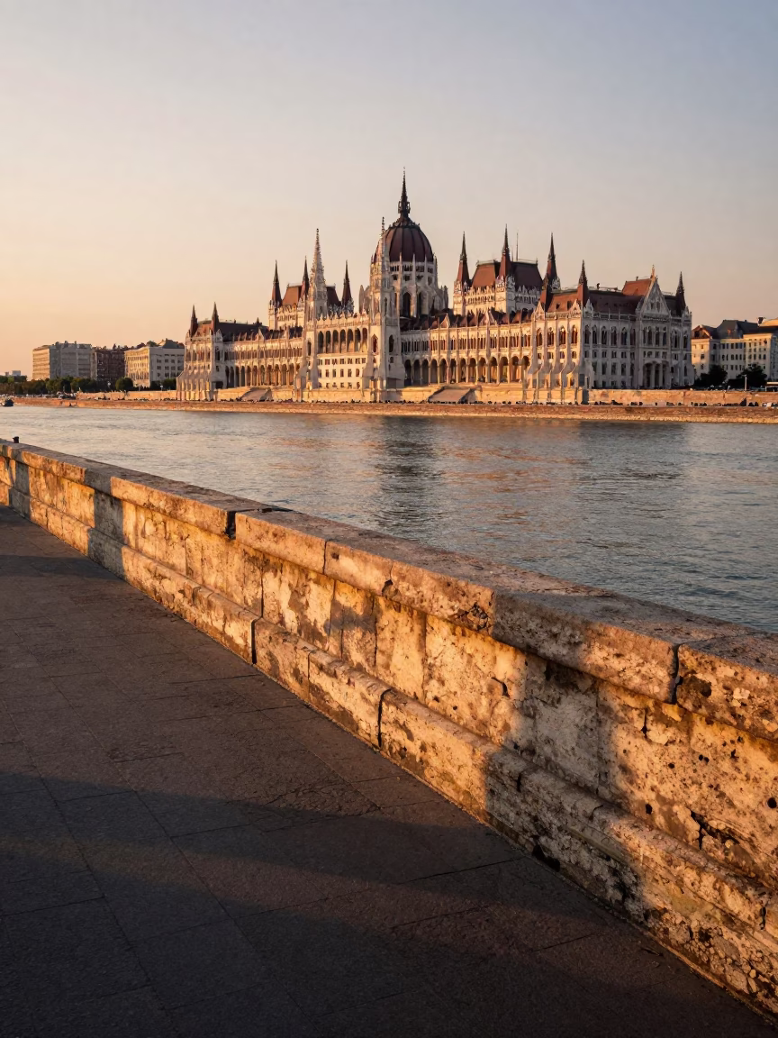 Sunset view of Budapest Danube riverbank with stone embankment and distant Parliament building silhouette in in Budapest, Hungary