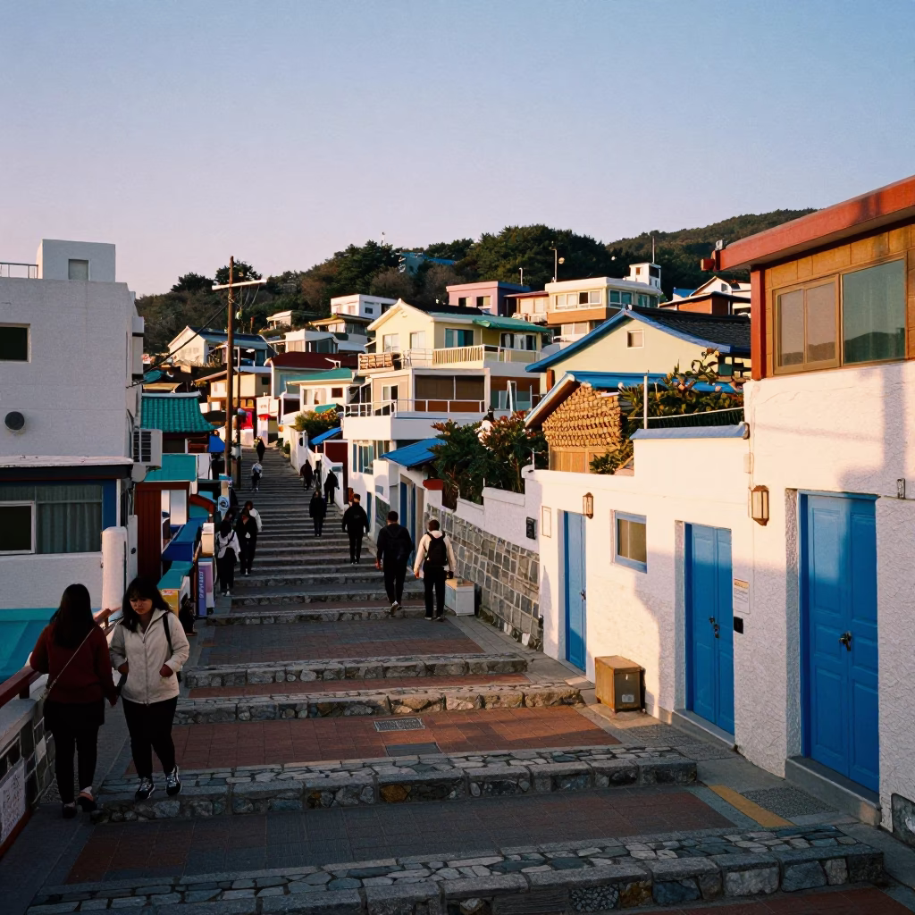 Sunset view of Busan Gamcheon Culture Village stone stairways and colorful houses in in Busan, South Korea