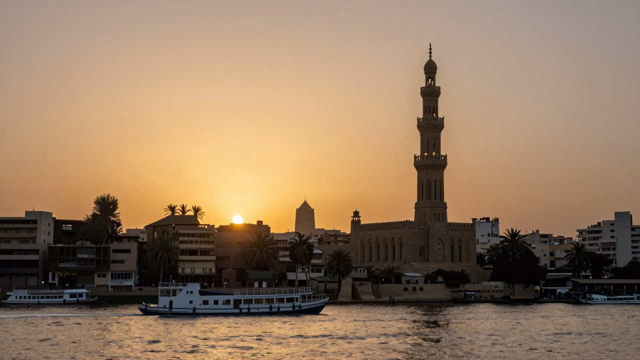 Sunset view of Cairo Minaret and Nile Barge with Urban Life in in Cairo, Egypt