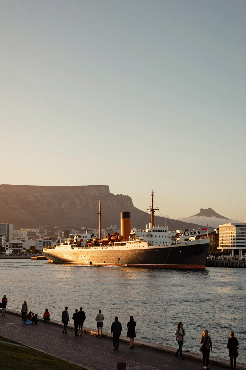 Sunset View of Cape Town Harbor with Steamship and Pedestrian Overpass in in Cape Town, South Africa