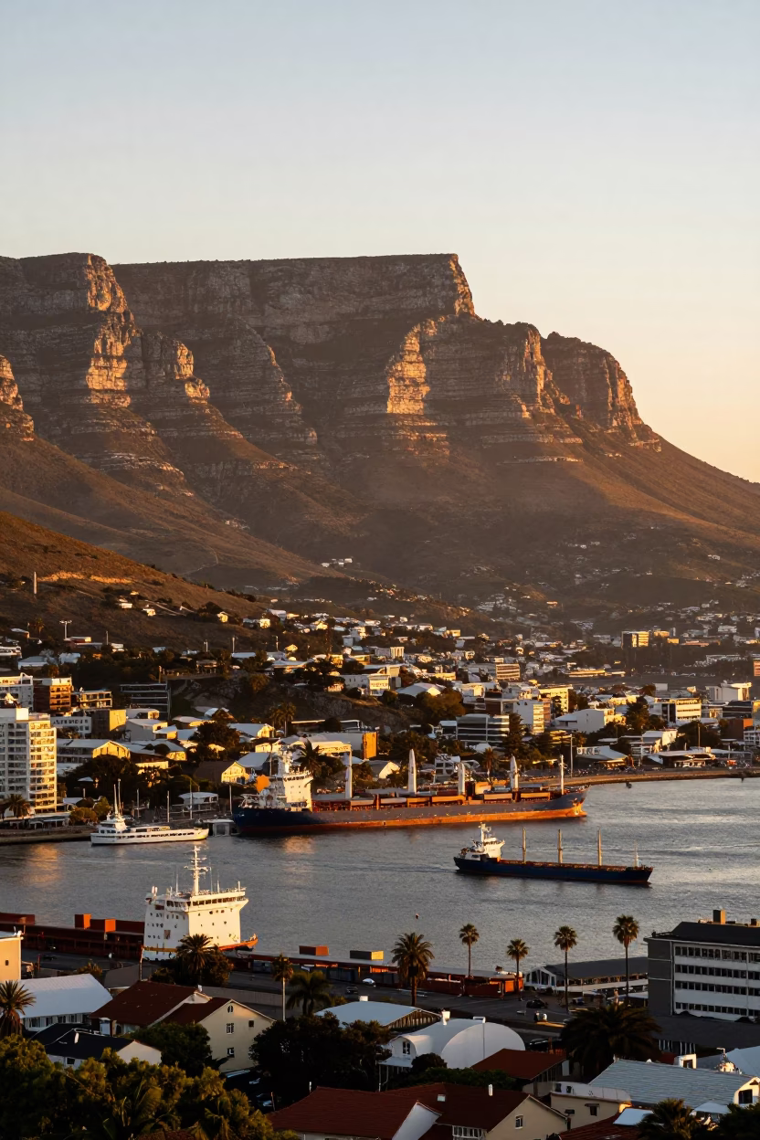 Sunset View of Cape Town Table Mountain and Harbor with Vintage 1950s Street Scene in in Cape Town, South Africa