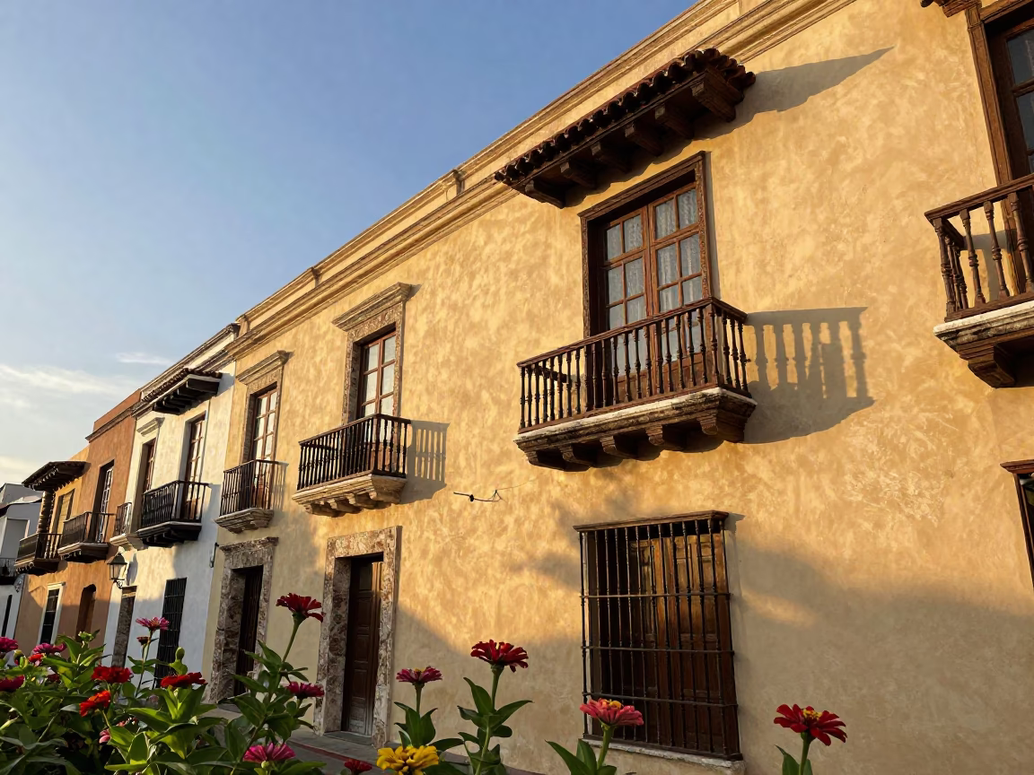 Sunset View of Cartagena Colombia Colonial Balcony with Zinnias and Local Street Life in in Cartagena, Colombia
