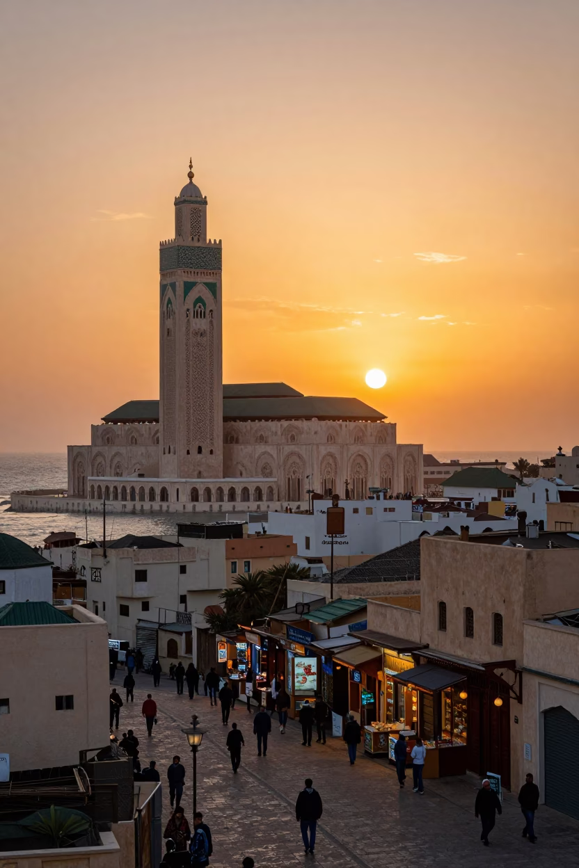 Sunset View of Casablanca Mosque and Port with Local Street Life in in Casablanca, Morocco