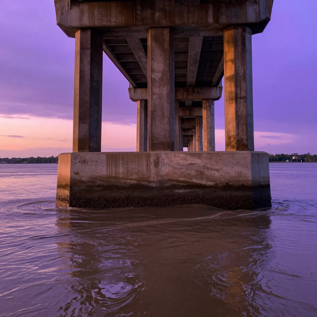 Sunset View of Charleston Bridge Pier Base with Muddy Floodwater and Vintage Street Scene in in Charleston, South Carolina, United States