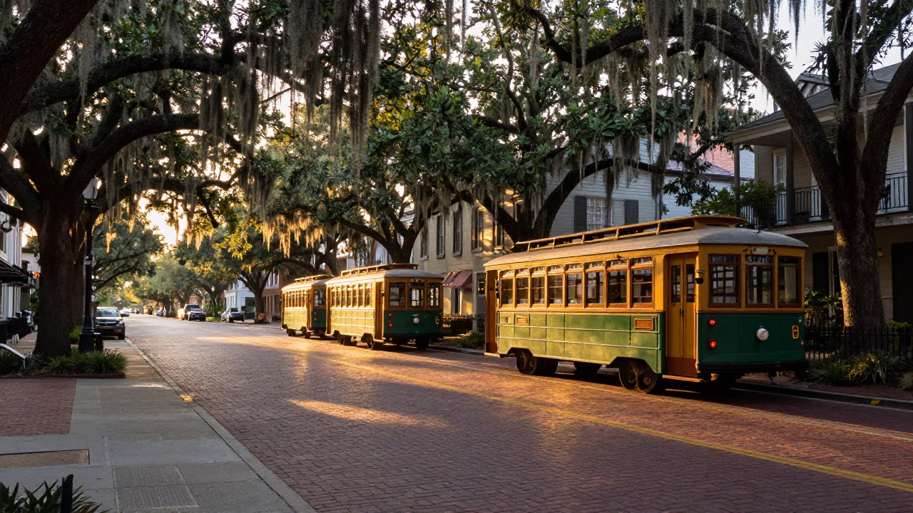 Sunset view of Charleston historic district street with trolley and palm trees in in Charleston, South Carolina, United States