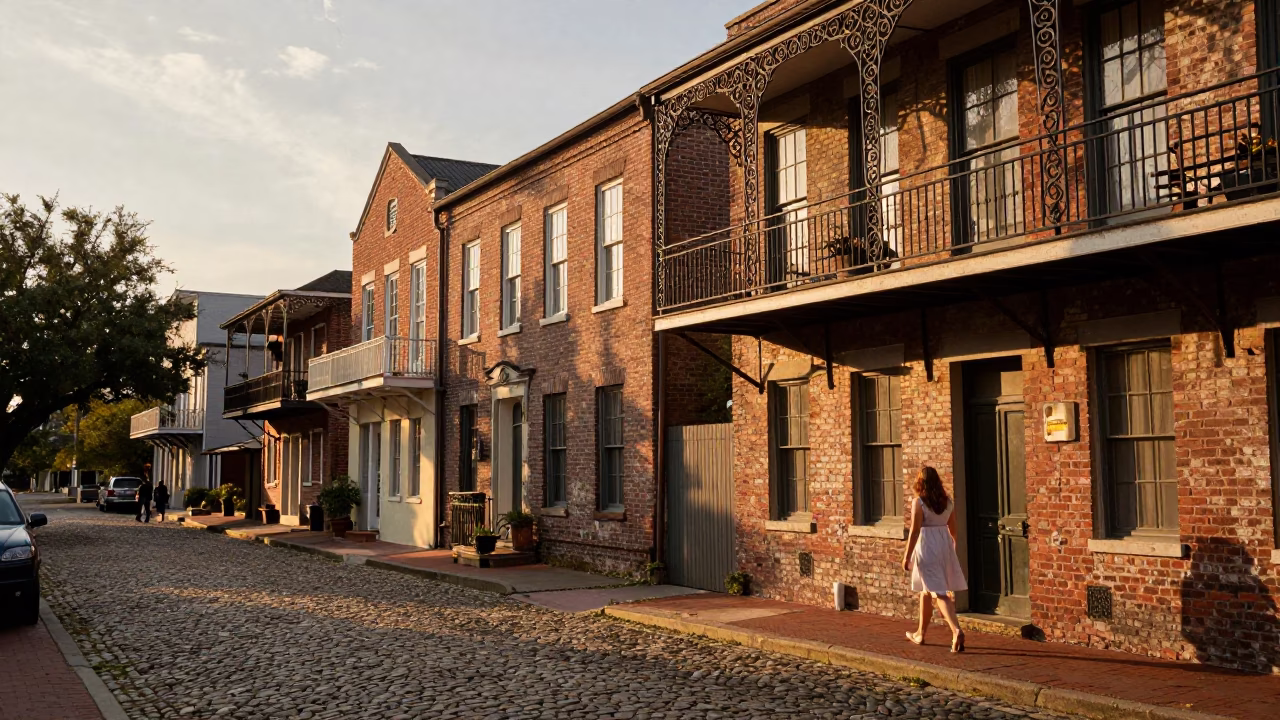 Sunset View of Charleston South Carolina Historic Street Scene with Local Life in in Charleston, South Carolina, United States