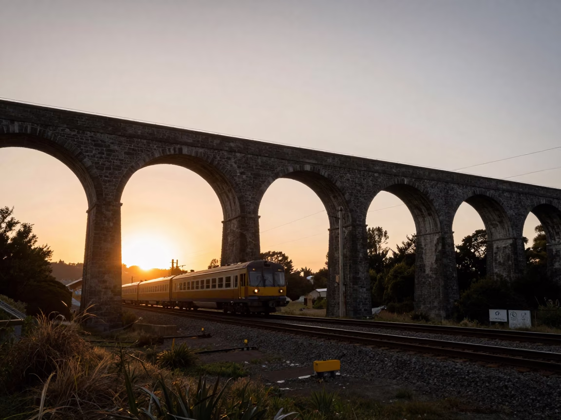 Sunset view of Christchurch railway viaduct with arches and passing train in New Zealand in in Christchurch, New Zealand