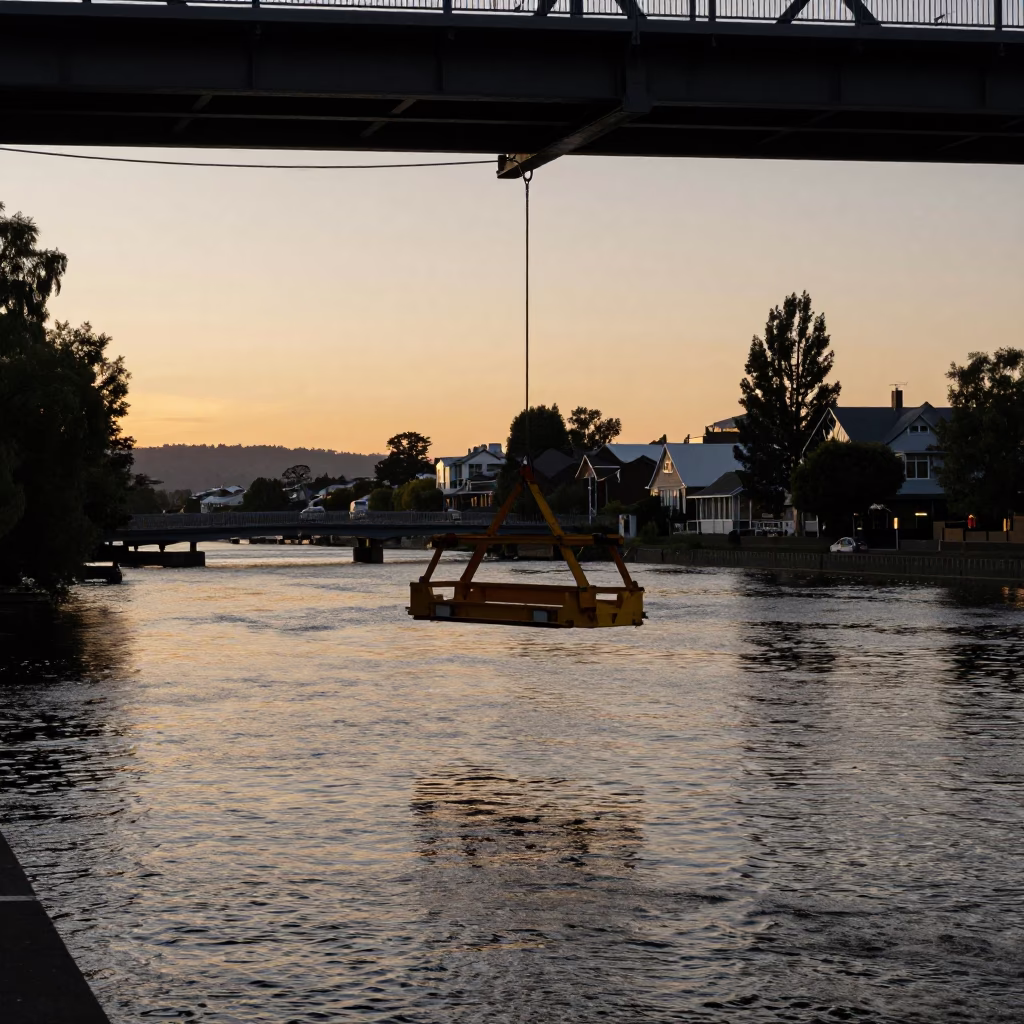 Sunset View of Christchurch River Avon with Bridge Maintenance Cradle and Urban Skyline in in Christchurch, New Zealand
