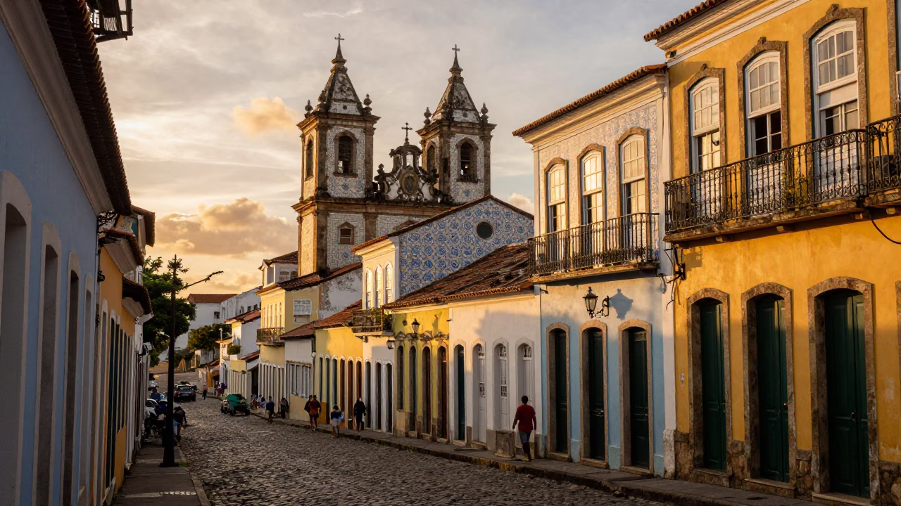 Sunset view of colorful colonial architecture and bustling street scene in historic Salvador Brazil in in Salvador, Brazil