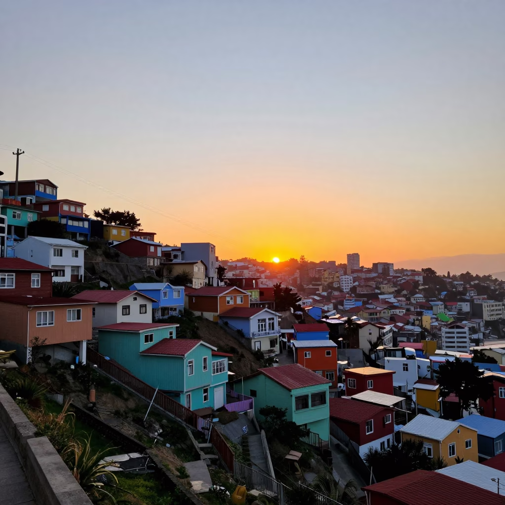 Sunset View of Colorful Hillside Houses and Cable Car in Valparaiso Chile in in Valparaiso, Chile