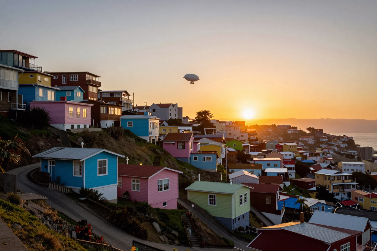 Sunset View of Colorful Hillside Houses and Zeppelin in Valparaiso Chile Skyline in in Valparaiso, Chile