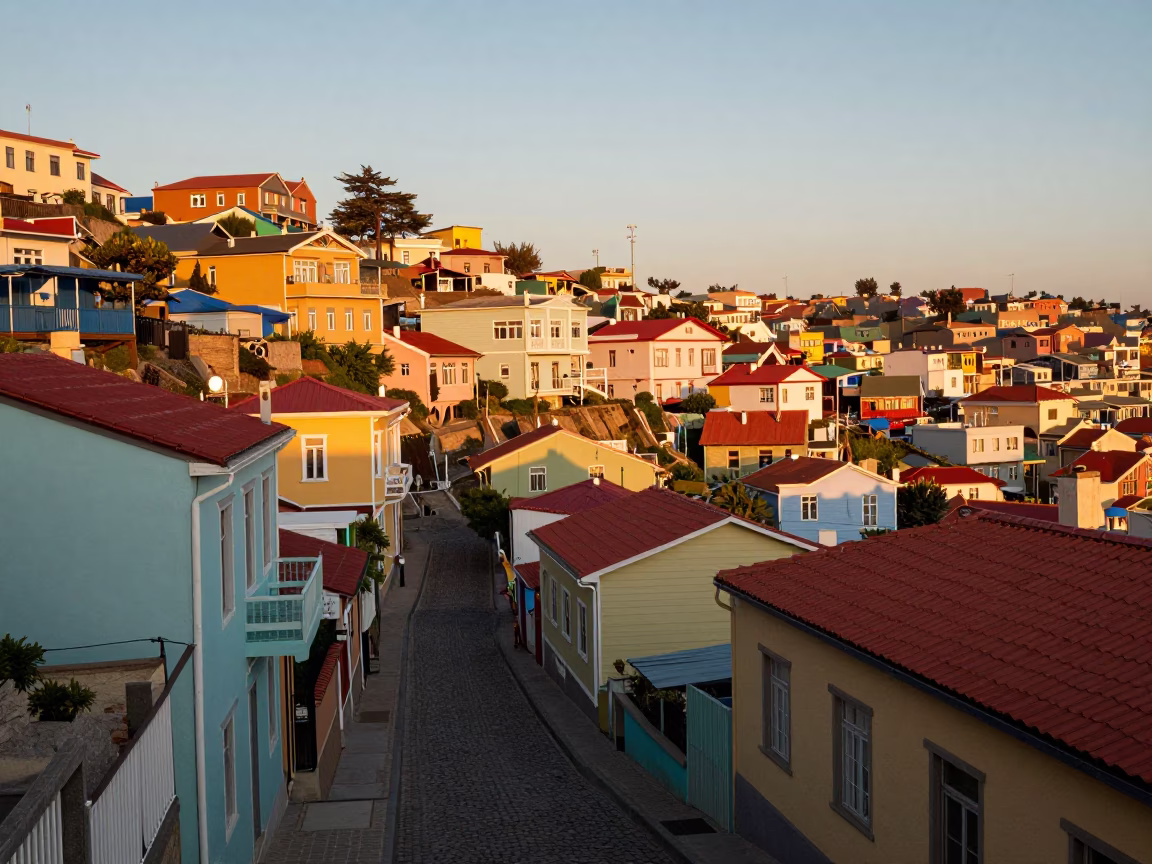 Sunset View of Colorful Hillside Houses in Valparaiso Chile with Street Details in in Valparaiso, Chile
