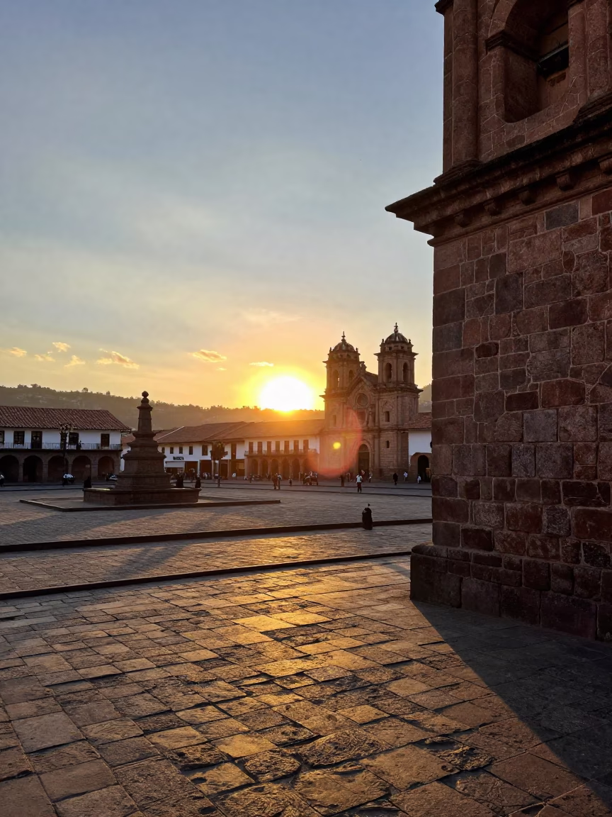 Sunset View of Cusco Peru Plaza with Stone Walls and Drying Rack in in Cusco, Peru