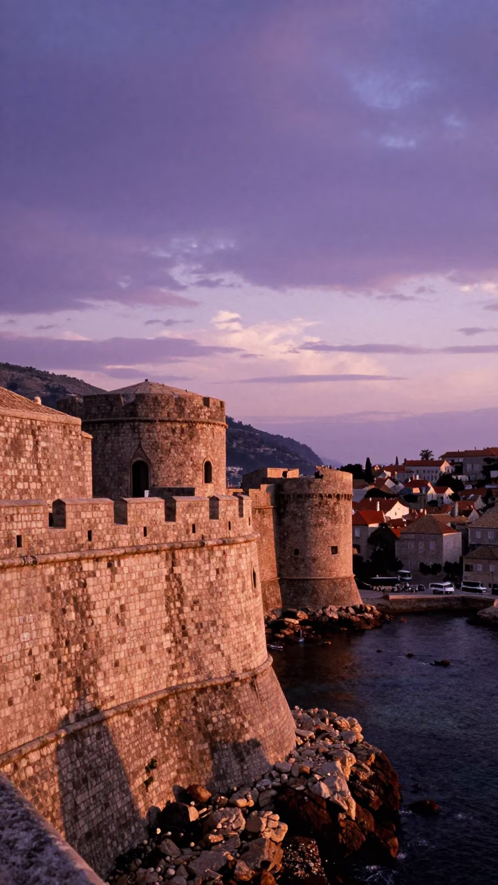 Sunset View of Dubrovnik Old Town Stone Walls and Adriatic Sea in in Dubrovnik, Croatia