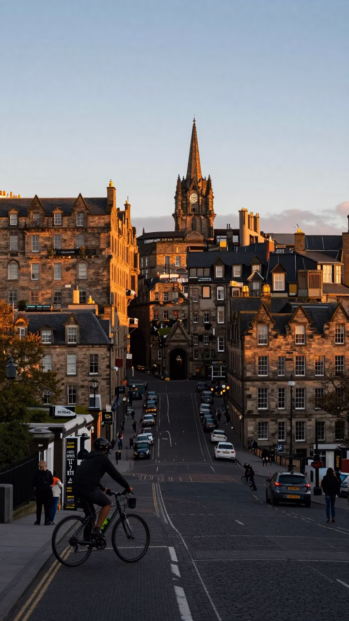Sunset View of Edinburgh Castle and Grassmarket with Cyclist Passing in in Edinburgh, United Kingdom