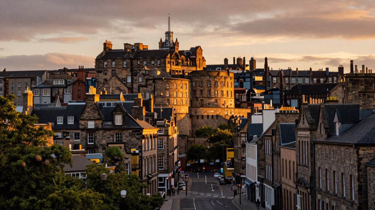 Sunset View of Edinburgh Castle and Royal Mile Street Scene with Stone Architecture in in Edinburgh, United Kingdom