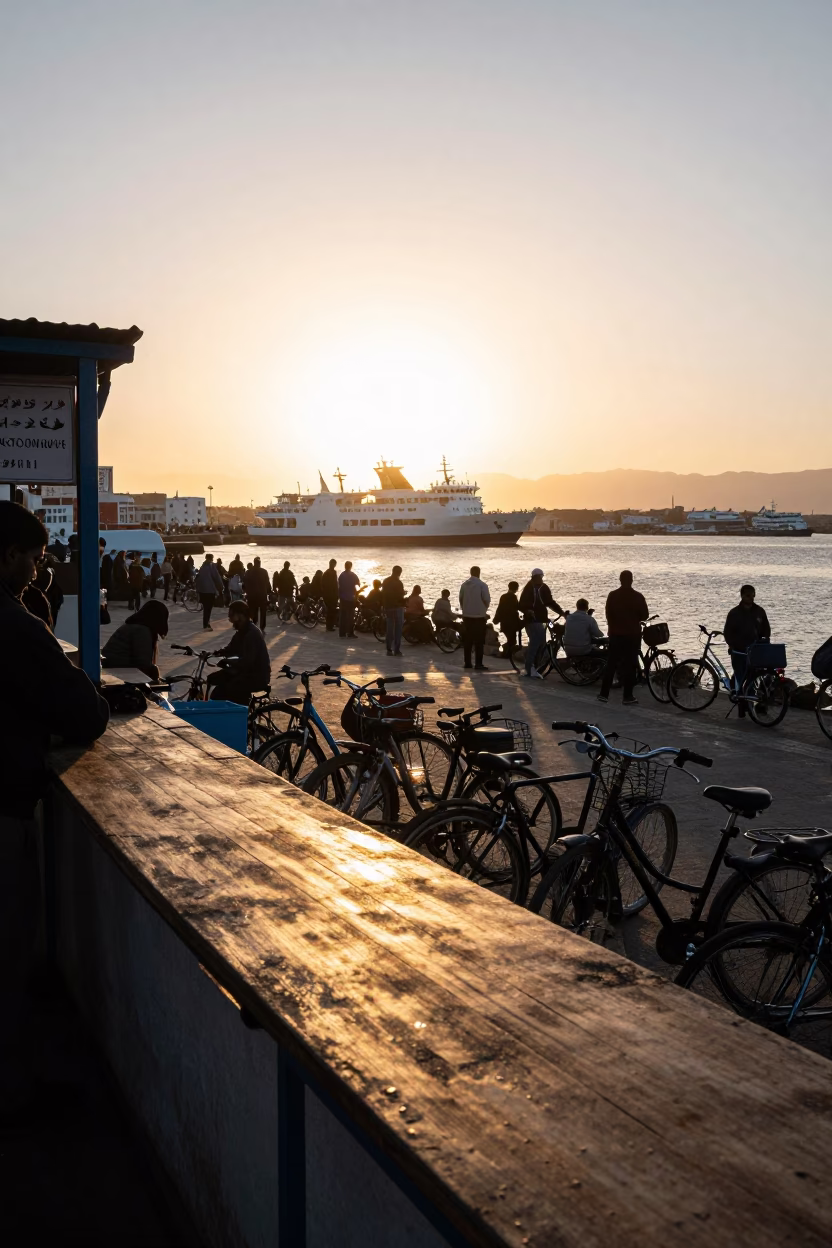 Sunset View of Ferry Loading Passengers and Bicycles at Essaouira Morocco Dock in in Essaouira, Morocco