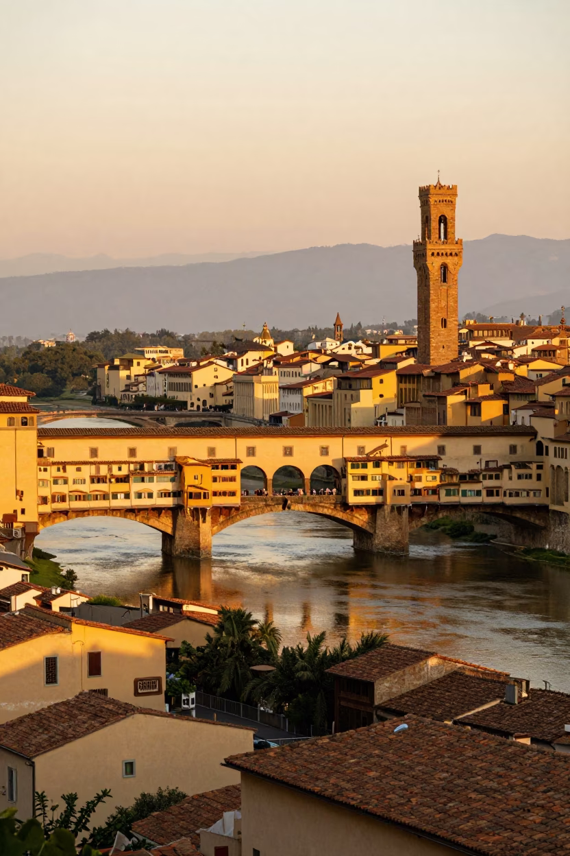 Sunset View of Florence Cathedral and Ponte Vecchio with Local Market Activity in in Florence, Italy